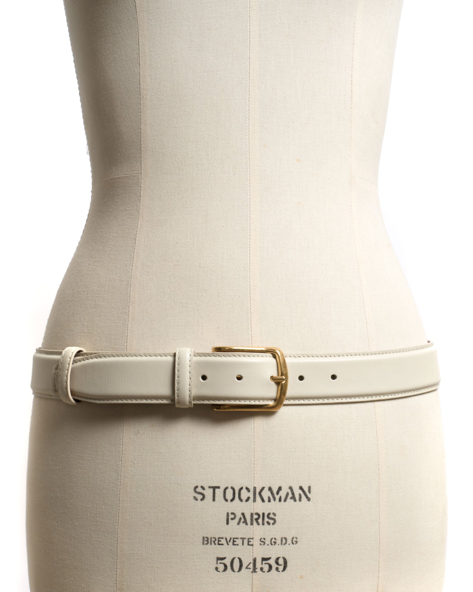 Quinn classic unisex leather belt Soft calf Milk white & gold buckle